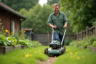 Homme d'âge moyen avec ton casual pousse une tondeuse dans un jardin naturel