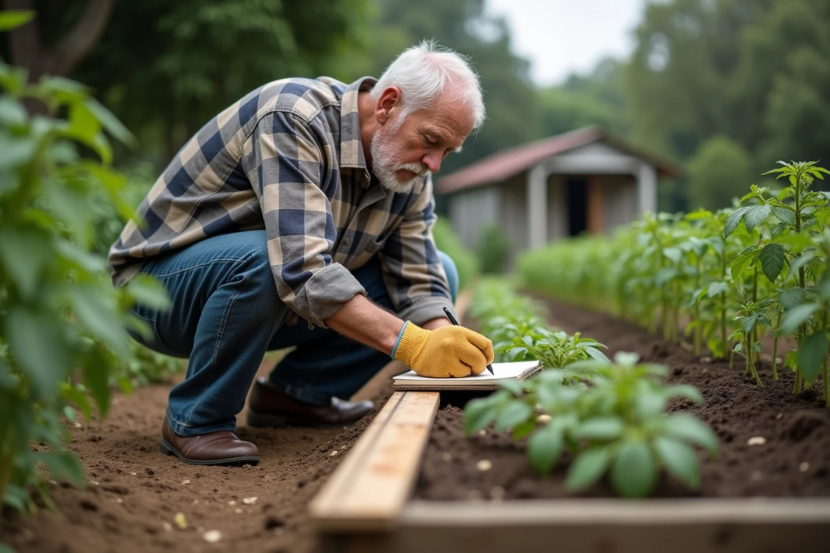 Homme âgé mesurant et notant dans un jardin de tomates