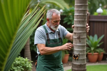 Homme en v&ecirc;tements de jardinage examine un palmier