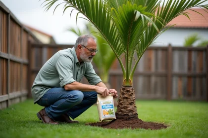 Homme en jardinage arrosant un palmier en jardin