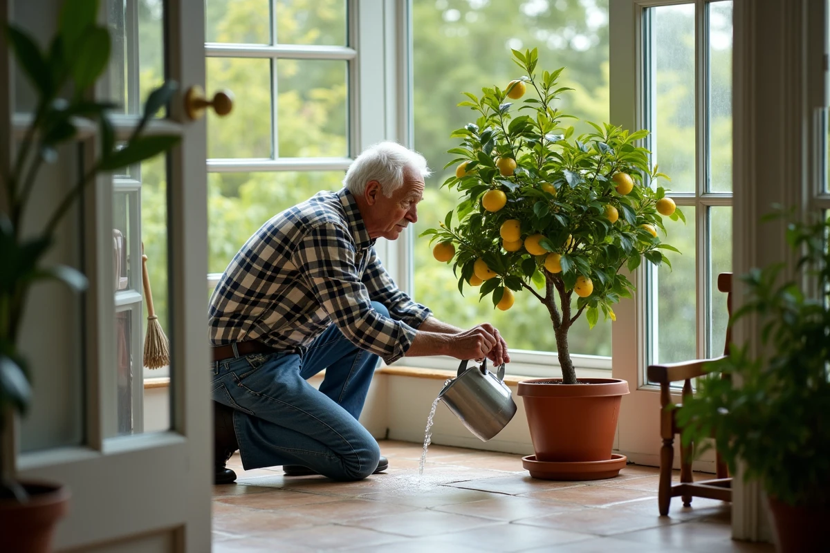Homme &acirc;g&eacute; arrosant un citronnier dans une serre lumineuse