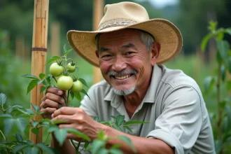Homme moyenâgeux en chapeau de paille récoltant des tomates