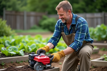Homme d'âge moyen utilisant un cultivateur dans un jardin