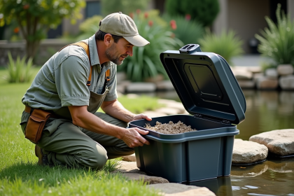 Homme en extérieur vérifiant un filtre de bassin
