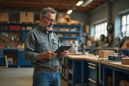 Homme compare outils dans un atelier organis&eacute;