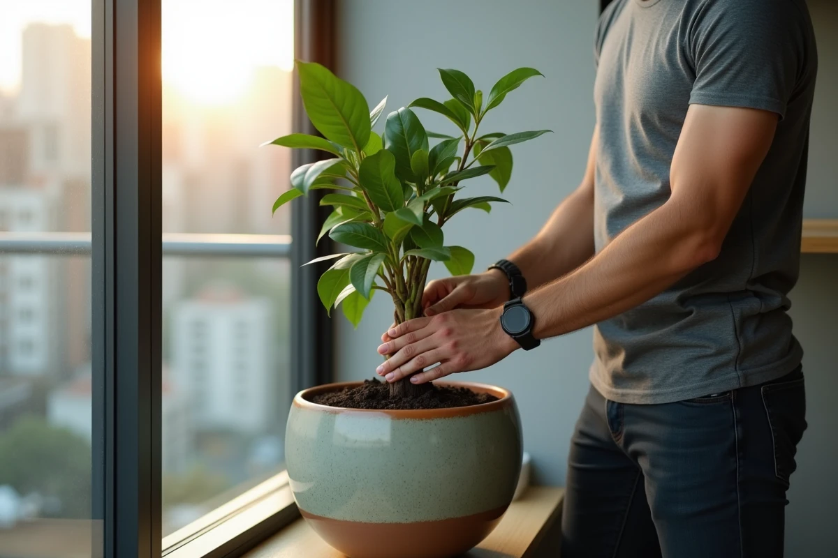 Homme rempotant un ficus lyrata stressé sur un balcon urbain pour corriger un rempotage raté