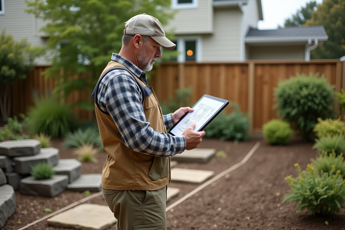 Homme avec tablette plan de jardin dans un jardin en construction