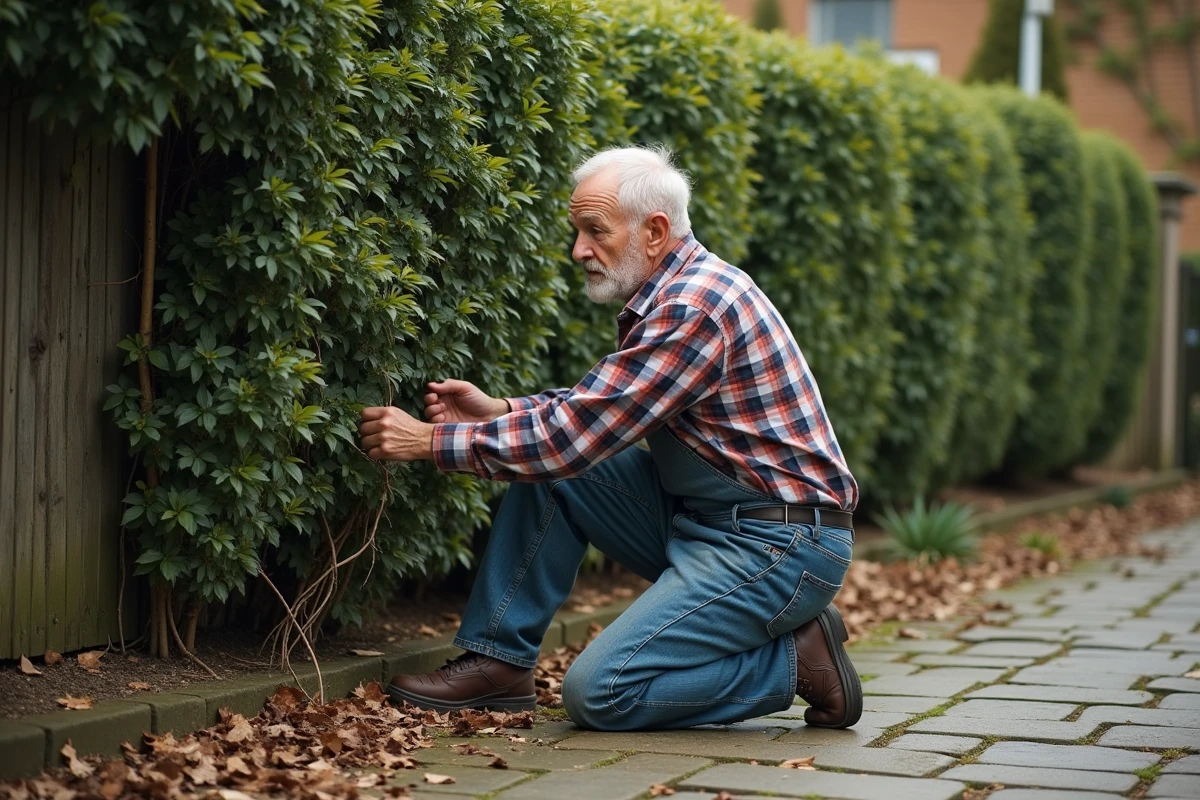 Homme âgé taillant une haie mal entretenue dans le jardin