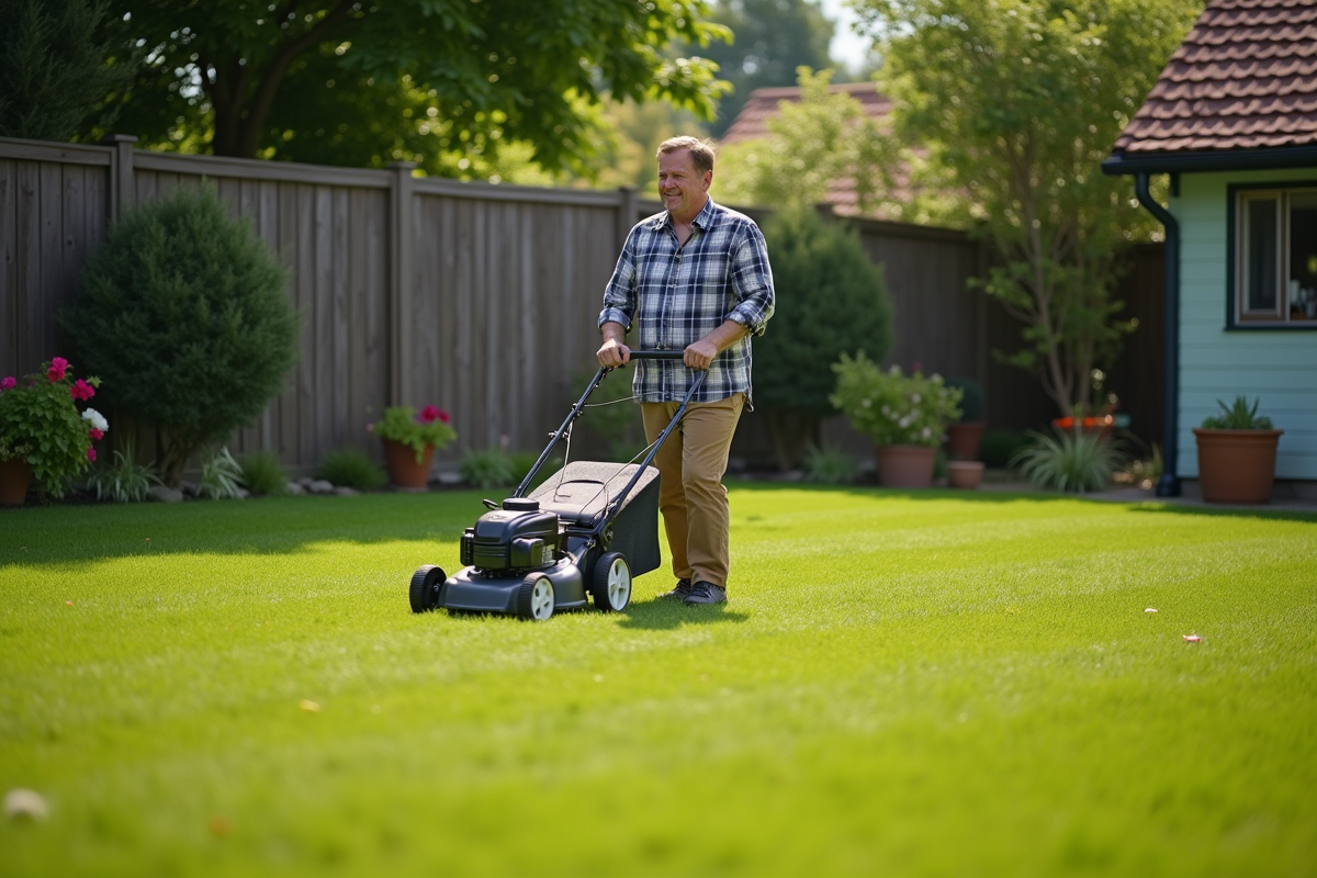 Homme d'âge moyen taillant la pelouse dans un jardin