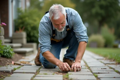 Homme d'âge moyen en tenue casual en train de désherber entre pavés