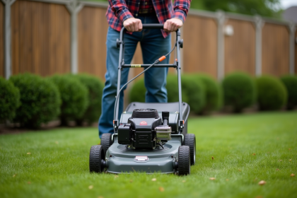 Homme d'âge moyen utilisant une tondeuse classique dans un jardin bien entretenu