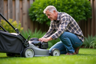 Homme d'âge moyen ajustant une tondeuse moderne dans un jardin