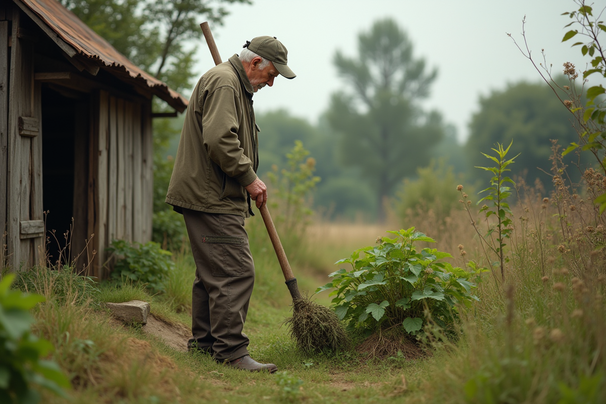 Homme âgé utilisant une houe pour arracher des orties