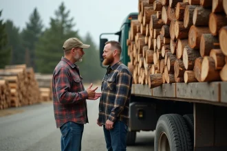 Homme d'âge moyen parlant avec un fournisseur près de bois de chauffage