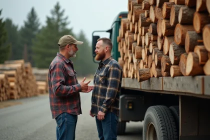 Homme d'âge moyen parlant avec un fournisseur près de bois de chauffage