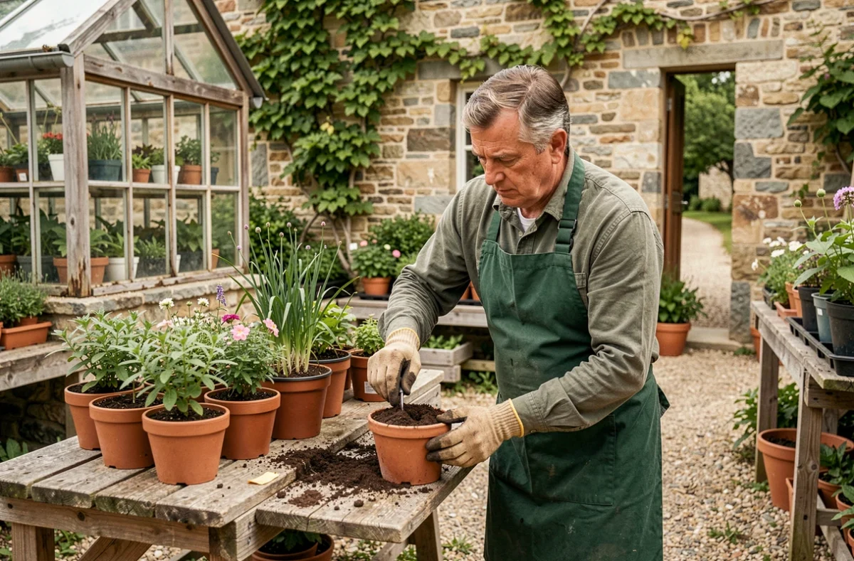 Horticulteur au travail dans la jardinerie Aubry à Fixin, soignant des plantes en pots devant une serre en pierre