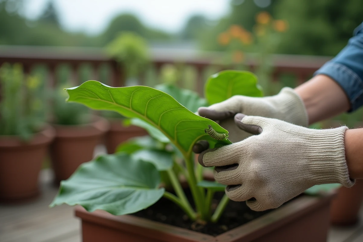 Mains gantées inspectant une feuille de plante en bac sur terrasse avec une chenille verte visible en dessous