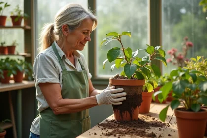 Femme inspectant les racines exposées d'un ficus benjamina au rempotage raté avec des feuilles jaunies