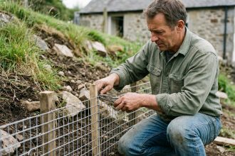 Homme installant un grillage soudé sur un talus de jardin en pente avec des piquets en bois
