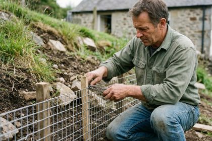 Homme installant un grillage soudé sur un talus de jardin en pente avec des piquets en bois