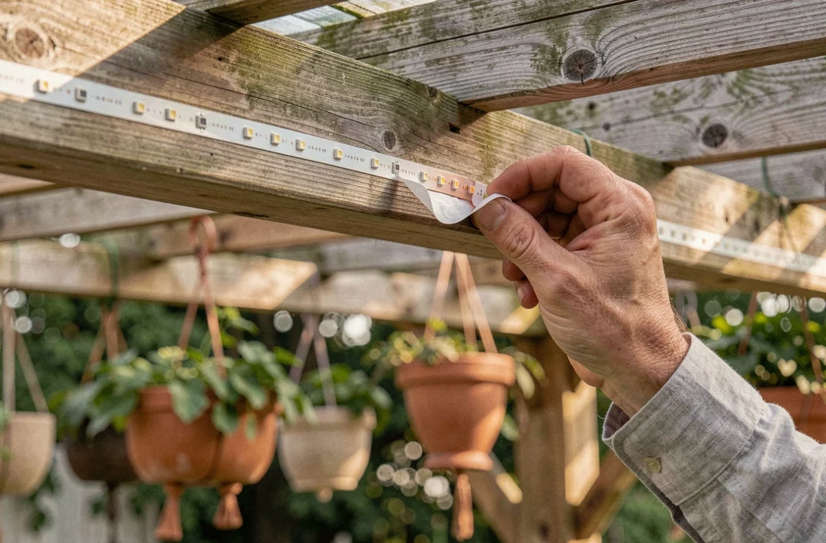 Installation d'un ruban LED solaire sous une pergola en bois par un homme, vue rapprochée de la pose de la bande adhésive