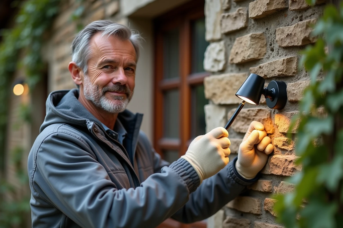 Homme installant un spot solaire LED extérieur sur un mur en pierre d'une maison de campagne, ajustant l'angle de fixation avec un tournevis