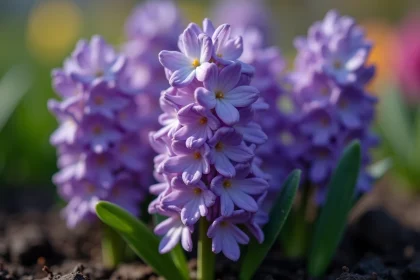Gros plan de fleurs de jacinthe orientale violet et lilas en pleine floraison dans un jardin de printemps
