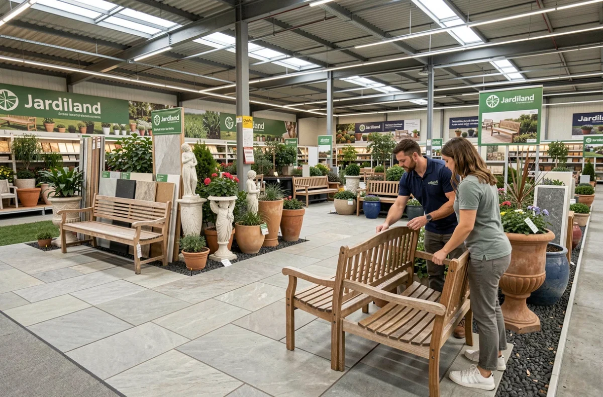 Rayon aménagement extérieur du Jardiland de Dijon avec mobilier de jardin, dalles et bacs en céramique exposés en vignettes