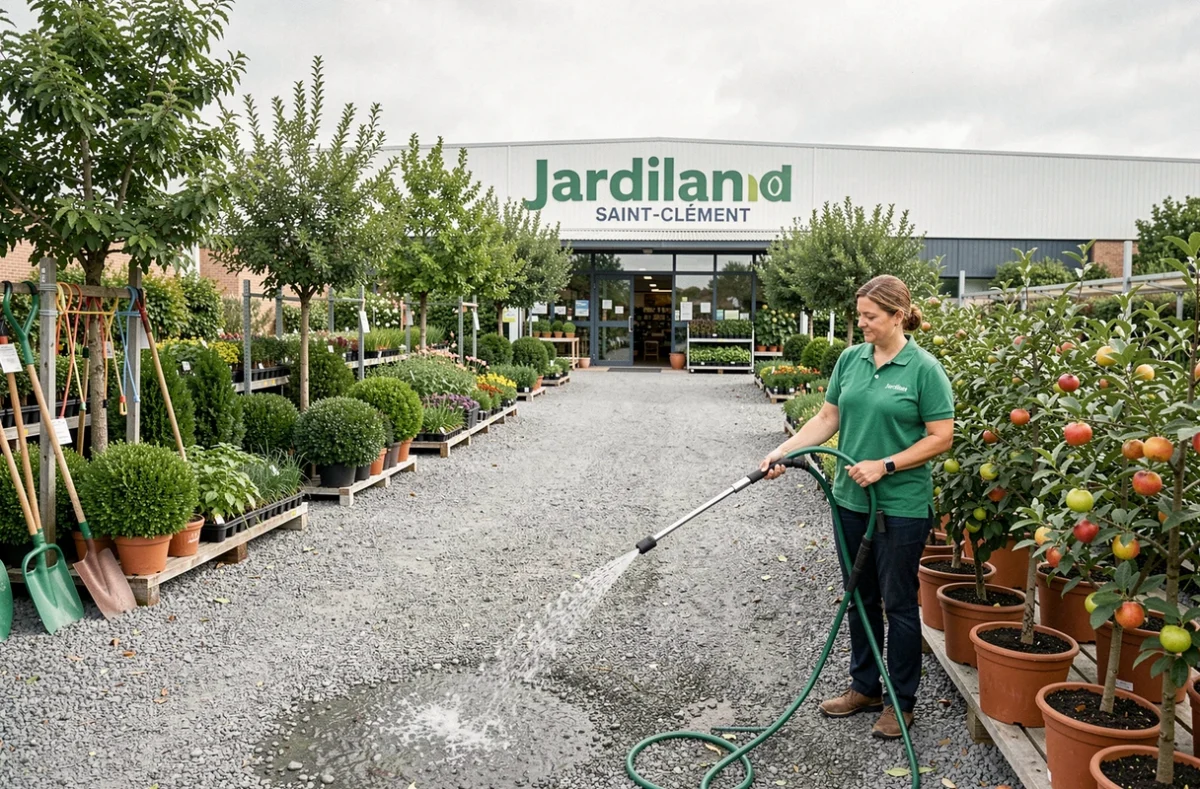 Cour extérieure du Jardiland Saint-Clément dans l'Yonne présentant arbres fruitiers, arbustes et plants potagers en rangées