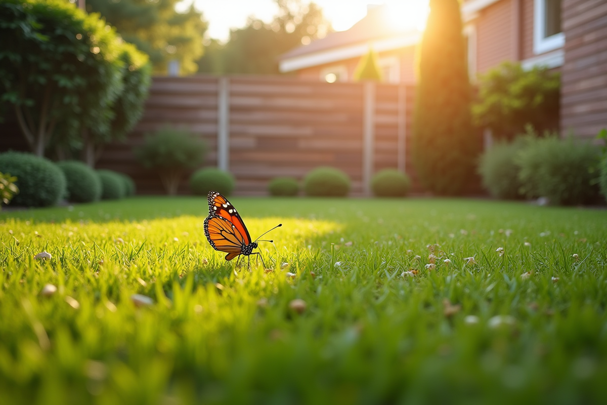 Jardin résidentiel avec pelouse bien taillée et nature sauvage