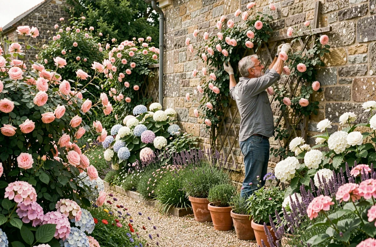 Jardin fleuri avec rosiers, hortensias et bordures de vivaces entretenu par le paysagiste Philippe Dupuy dans le Morbihan