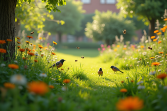 Jardin urbain avec fleurs sauvages et abeilles en plein soleil