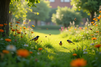 Jardin urbain avec fleurs sauvages et abeilles en plein soleil