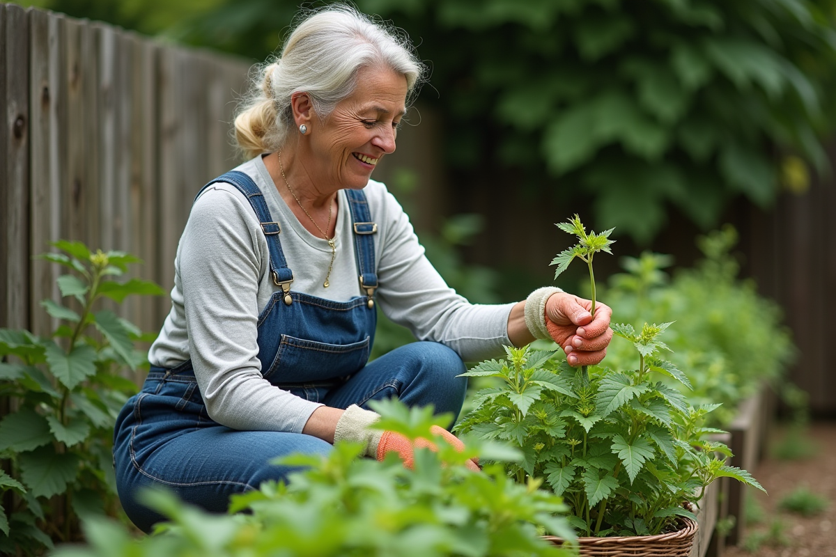 Femme en overalls de jardinage arrachant des orties