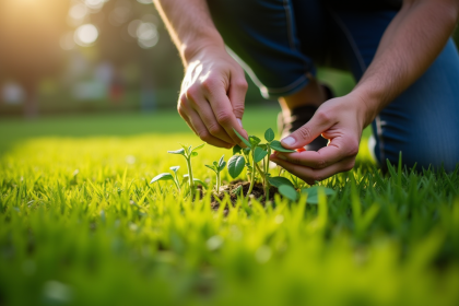 Personne arrachant des mauvaises herbes dans la pelouse