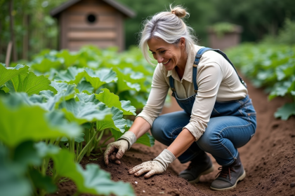 Femme jardinant avec des courgettes saines dans un jardin