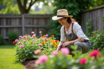 Femme jardinant dans son jardin avec un chapeau de paille