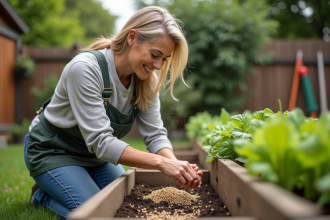 Femme jardinant avec fertilisant naturel dans son jardin