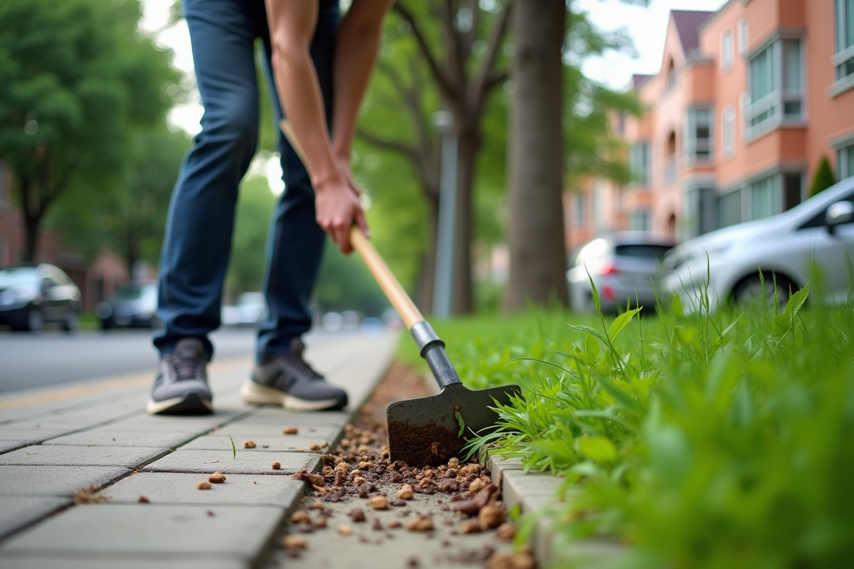 Personne en vêtements décontractés en train d'enlever des mauvaises herbes sur un trottoir urbain