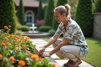 Femme d'âge moyen en tenue casual jardinant dans un jardin fleuri