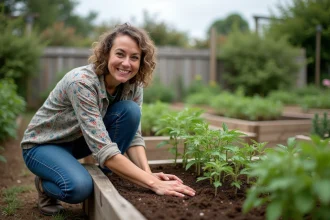 Femme plantant des jeunes tomates dans un jardin verdoyant