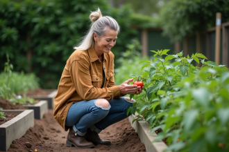 Femme d'âge moyen dans son jardin potager examine les tomates