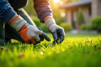 Jardinier en gants retirant des mauvaises herbes sur une pelouse verte