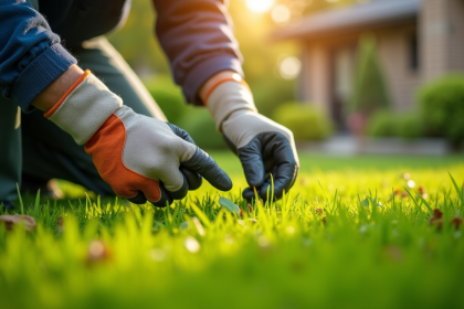 Jardinier en gants retirant des mauvaises herbes sur une pelouse verte