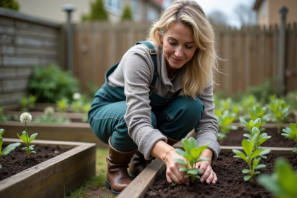 Femme d'âge moyen en jardinage plantant des jeunes légumes