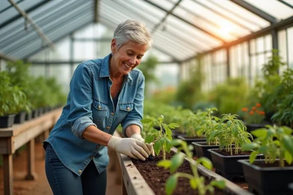 Femme jardinant dans une serre avec jeunes plants de tomates