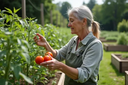 Femme inspectant des plants de tomates dans un jardin spacieux