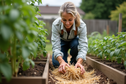 Femme jardinant avec paillage autour de tomates en extérieur