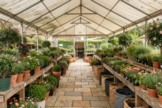 Vue panoramique d'une jardinerie en Bourgogne-Franche-Comté avec des rangées de plantes en pots et des allées pavées