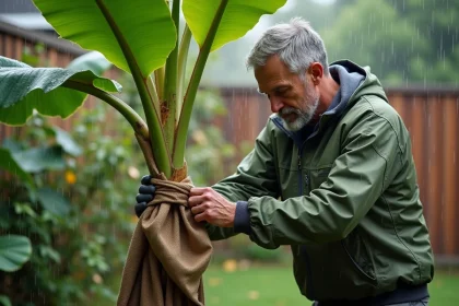 Jardinier en veste imperm&eacute;able attachant une toile autour d'un bananier